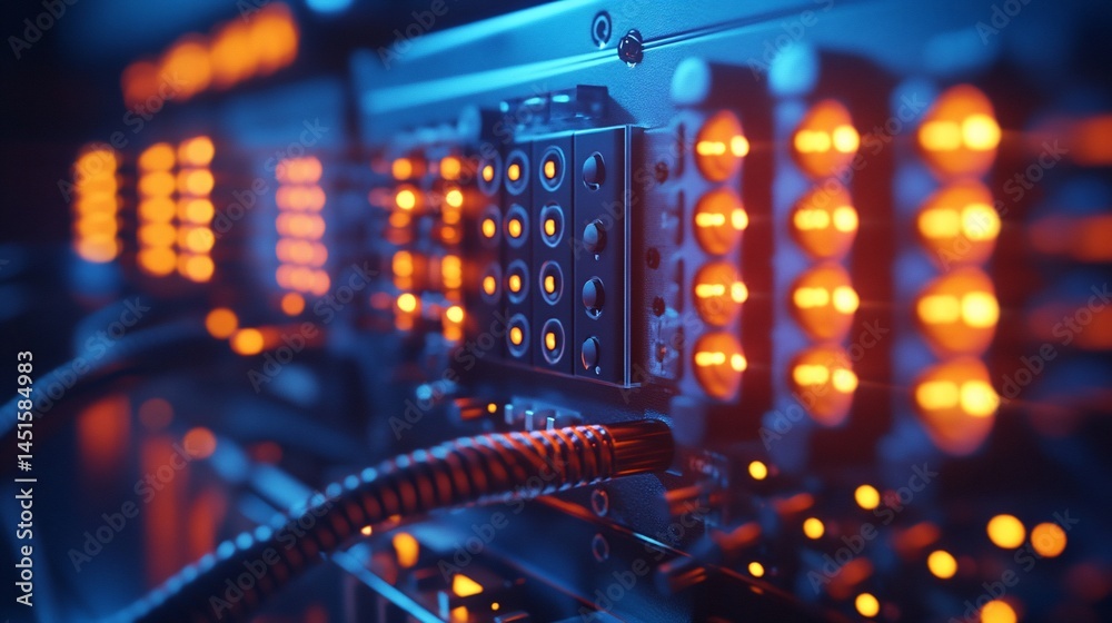 Illuminating Data: Close-Up of a Server Rack with Glowing Orange Lights Illuminating Data: Close-Up of a Server Rack with Glowing Orange Lights