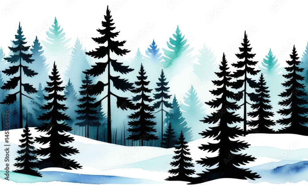 Fototapeta premium Winter forest silhouette: pine trees and soft watercolor background
