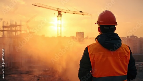 Construction Worker at Sunset: A construction worker, silhouetted against a vibrant sunset, surveys a bustling construction site, showcasing dedication and the scale of modern urban development.