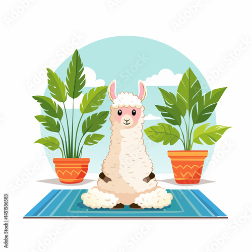  cute alpaca doing yoga on a pastel-colored mat, surrounded by house plants, calm and relaxing mood, minimal indoor scene