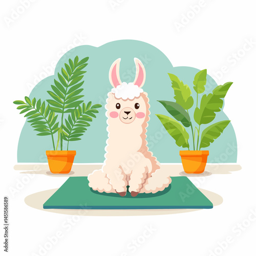  cute alpaca doing yoga on a pastel-colored mat, surrounded by house plants, calm and relaxing mood, minimal indoor scene