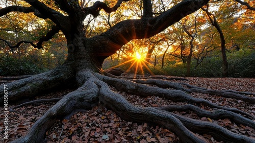 A gnarled tree with large exposed roots during a bright sunset