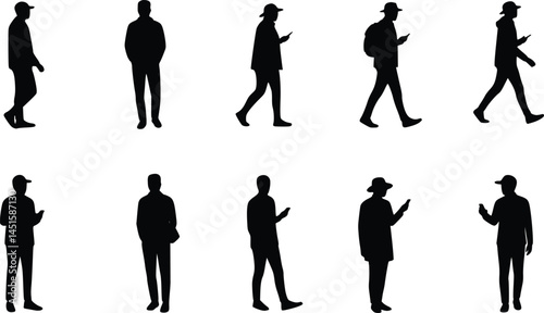 Silhouette illustration of ten individuals engaged with mobile phones, featuring a variety of poses including walking, standing, and carrying accessories like hats and backpacks