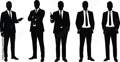 Silhouette illustration of five business professionals in distinct poses, featuring crossed arms, hands in pockets, and expressive gestures, representing confidence and leadership