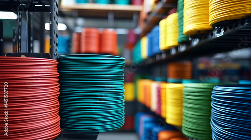 Stacked spools of electrical wiring in bright colors, placed on industrial shelves in a professional workshop photo