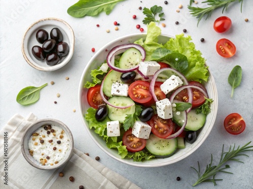 Wallpaper Mural A fresh vegetable salad with lettuce, cucumber, cherry tomatoes, red onion, black olives, and feta cheese is served in a white bowl Torontodigital.ca
