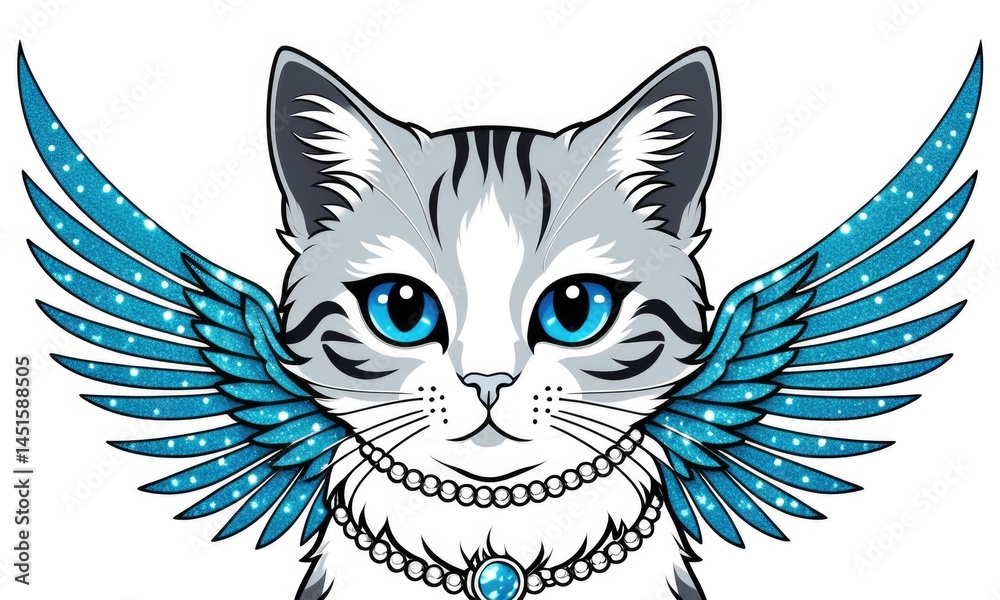 Obraz premium Whimsical winged cat with blue eyes and jewelry on a white background