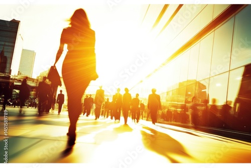 Fototapeta Naklejka Na Ścianę i Meble -  Woman walks confidently toward bright sun, city background