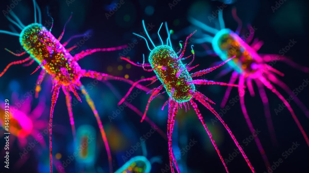 Bacteriophages Glowing in Neon Colors Create a Mesmerizing Visual Spectacle