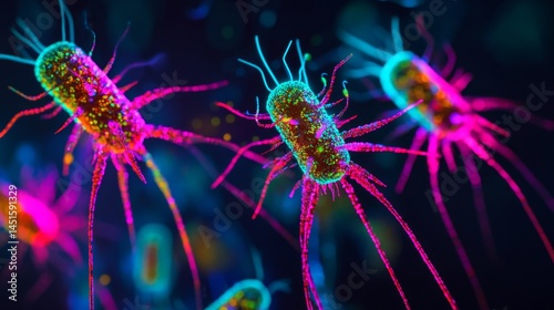 Obraz na płótnie Bacteriophages Glowing in Neon Colors Create a Mesmerizing Visual Spectacle w salonie