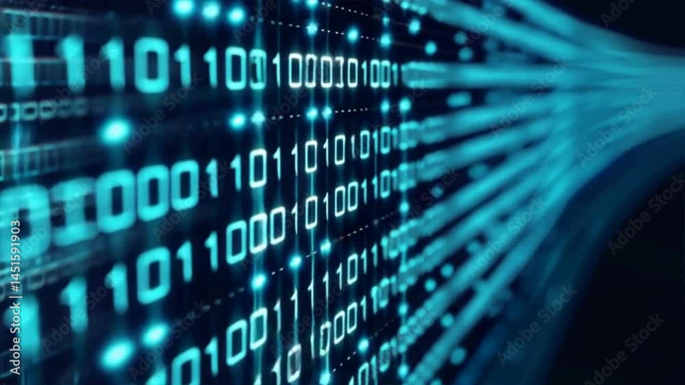 An abstract representation of binary code flowing in a digital space, showcasing technology and data processing.