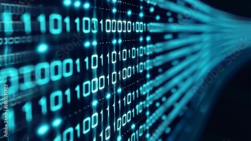 An abstract representation of binary code flowing in a digital space, showcasing technology and data processing.