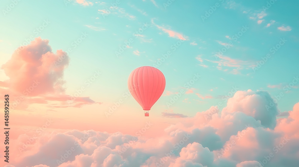 Fototapeta premium A hot air balloon drifting beneath a cotton candy sky, peach and sky blue gradients blending in the background, gentle motion above the landscape. Created using: aerial photography simulation,