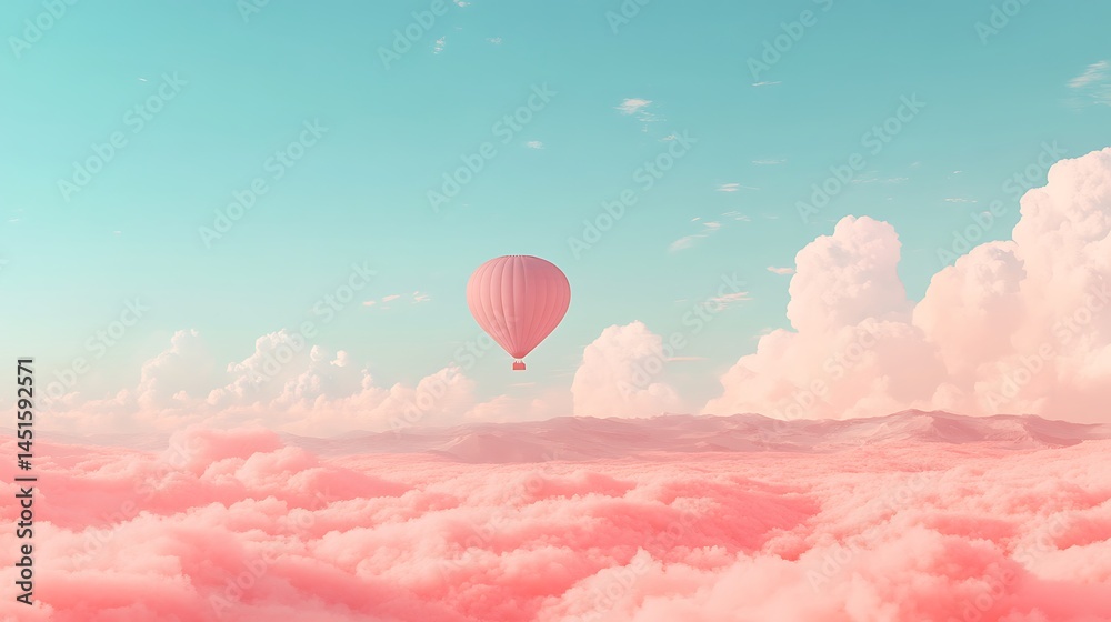 Obraz premium A hot air balloon drifting beneath a cotton candy sky, peach and sky blue gradients blending in the background, gentle motion above the landscape. Created using: aerial photography simulation,