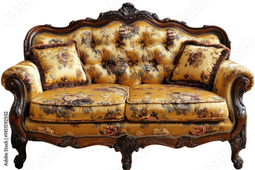 Ornate gold fabric loveseat with carved wooden frame  Detailed upholstery and decorative cushions
