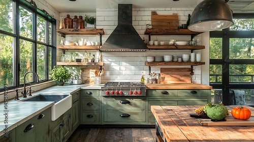A kitchen with olive cabinetry and rust metal accents, industrial lighting, reclaimed wood surfaces, aged patina on hardware. Created using: rustic kitchen design photography, soft natural light,