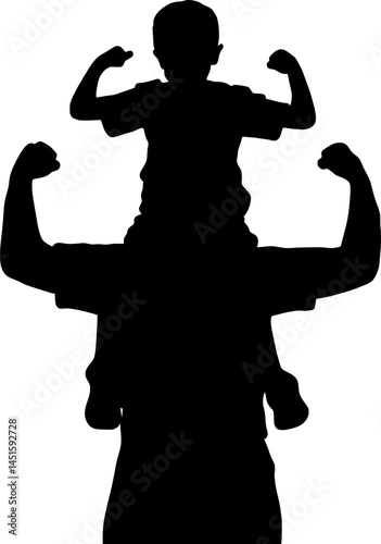 Silhouette of Father and Son Flexing Muscles Together