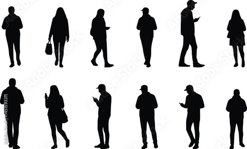 Silhouette illustration of twelve people standing and walking in various poses, all holding and using mobile phones, highlighting modern digital interaction