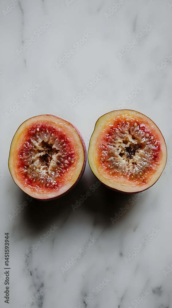 Halved figs, marble background, food photography
