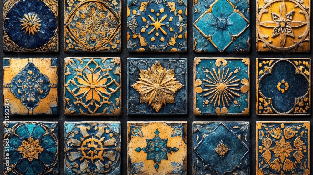 A collection of intricate, ornate decorative tiles in rich gold and navy blue. A collection of intricate, ornate decorative tiles in rich gold and navy blue.