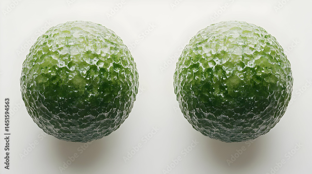 Two green spheres, studio shot, white background, science