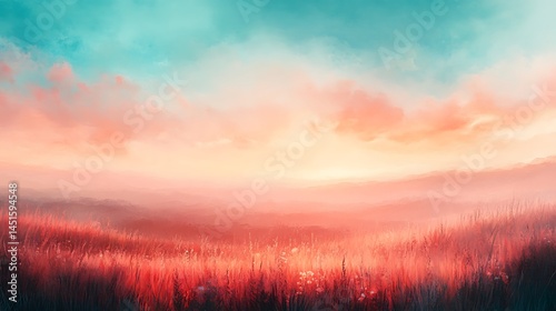 A stylized painting of a sky blue and peach cotton candy sky above a minimalist field, dreamy brush textures, glowing light ambiance. Created using: digital painting, pastel landscape, soft focus,