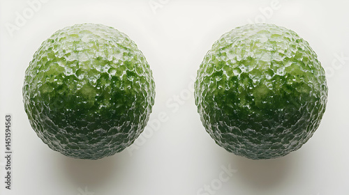 Two green spheres, studio shot, white background, science