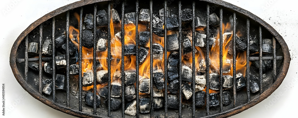 Oval grill, hot coals burning, white background, BBQ