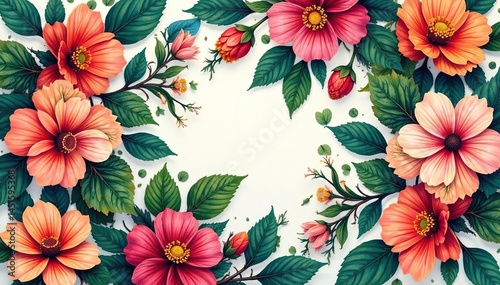 Intricate floral pattern, vibrant blooms & leaves, leaves, colorful