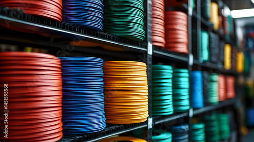Stacked spools of electrical wiring in bright colors, placed on industrial shelves in a professional workshop photo