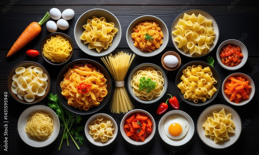 Assorted pasta varieties with ingredients on dark wooden table Assorted pasta varieties with ingredients on dark wooden table