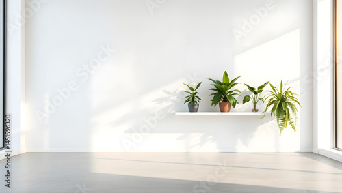 realistic Large blank white wall in modern office with plants and sunlight