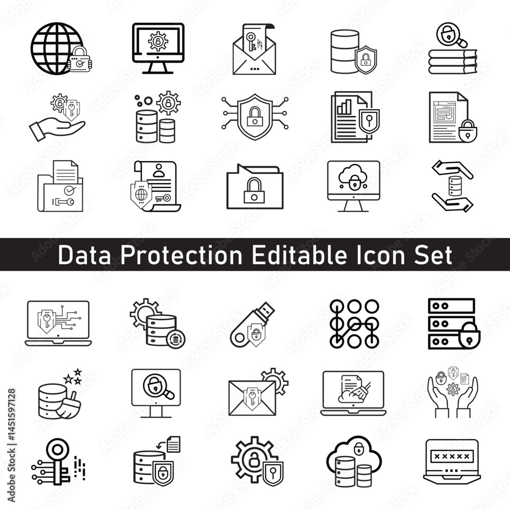 Fototapeta premium Data Protection Editable Icon Set | Cybersecurity, Privacy, Shield, Secure Data Line Icons .