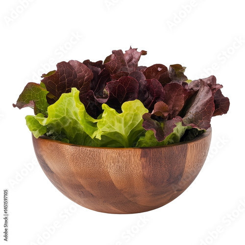 Fresh red oak lettuce mixed with green leaves in a wooden bowl against a clean transparent background, Red oak lettuce in wood bowl on transparent background photo