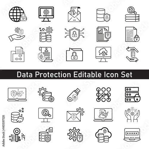 Data Protection Editable Icon Set | Cybersecurity, Privacy, Shield, Secure Data Line Icons .