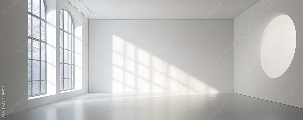 Fototapeta premium Empty white gallery room with large window and recessed lighting
