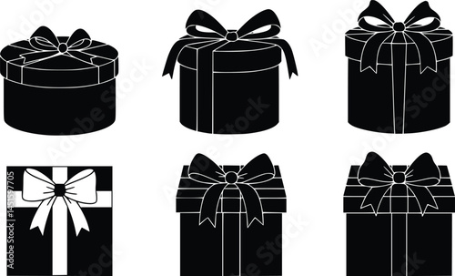 Silhouette illustration of six different gift boxes, including round and square shapes, each adorned with unique ribbon and bow designs. isolated vector illustration 