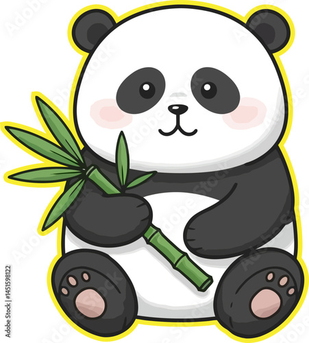 Cute Cartoon Panda Holding Bamboo – Kawaii Baby Animal Vector Illustration