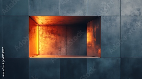 A brutalist cityscape with slate-gray skyscrapers, copper cladding catching the sunset glow, rough concrete textures, urban density, atmospheric haze. Created using: architectural visualization,
