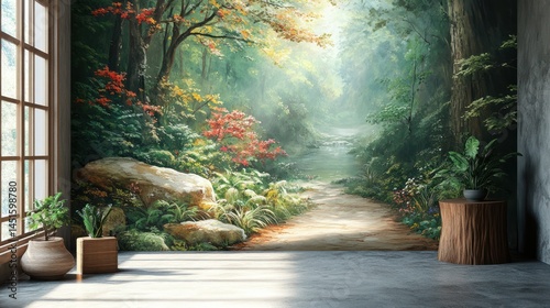 Serene forest landscape mural wall art depicting a peaceful woodland scene with lush green trees, vibrant foliage, rocks, a winding dirt path, and sunlight filte through canopy