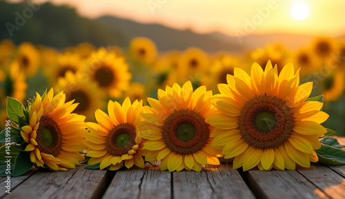 Close-up of foreground sunflowers perched on weathered wood against a blurred sunset field.