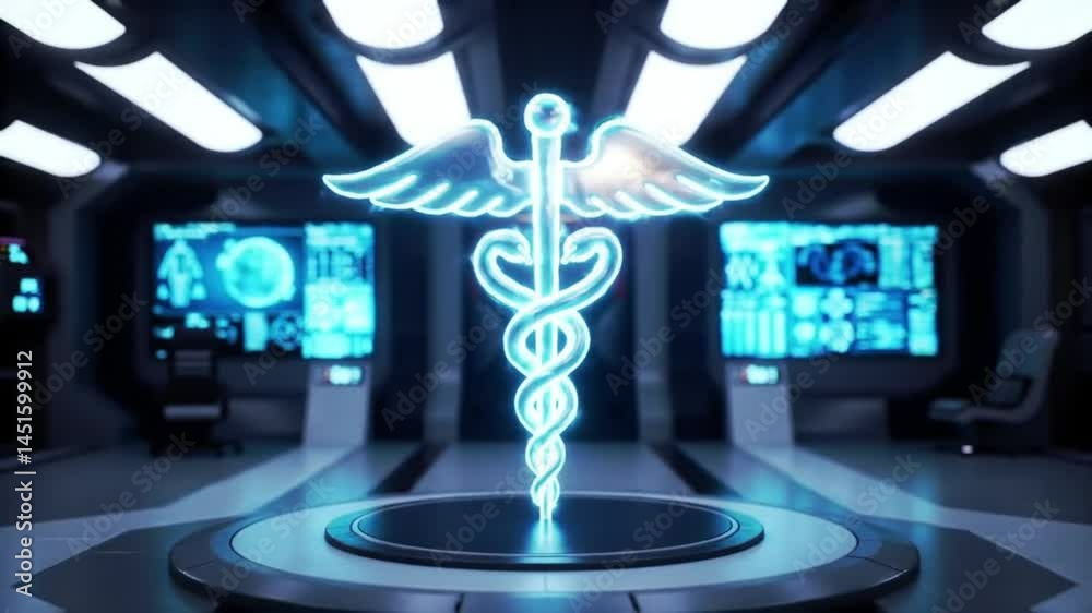 Futuristic Medical Symbol Rotating in a High Tech Lab