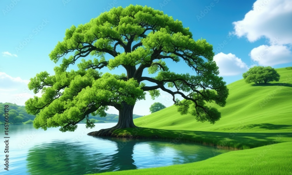 Serene tree reflections by a vibrant green lakeside landscape Serene tree reflections by a vibrant green lakeside landscape