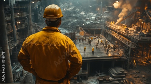 Industrial worker surveys massive construction site.