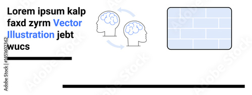 Two human brains with arrows symbolizing idea exchange, placeholder text, and a blank brick wall panel. Ideal for education, teamwork, communication, brainstorming, collaboration, creativity simple