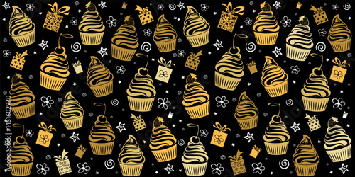 Happy birthday. Seamless wrapping paper. Menu design. Template for a baking shop, cafe. Seamless pattern with cupcakes.  Background for wallpaper, pattern fills, web page background. Horizontal banner