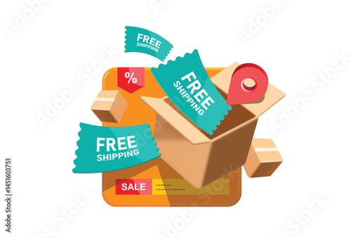Promotional Signs or tag label Free Shipping green color floats in the air out of parcel box or cardboard box to represent advertising, online shopping, or delivery services, vector 3d isolated