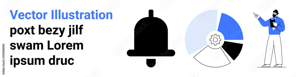 Notification bell, segmented pie chart with gear at the center, businessman pointing to screen. Ideal for business strategy, alerts, progress tracking, presentations, technology, education simple Notification bell, segmented pie chart with gear at the center, businessman pointing to screen. Ideal for business strategy, alerts, progress tracking, presentations, technology, education simple