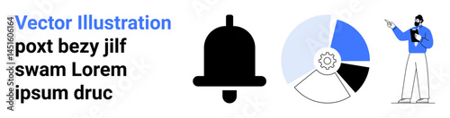 Notification bell, segmented pie chart with gear at the center, businessman pointing to screen. Ideal for business strategy, alerts, progress tracking, presentations, technology, education simple