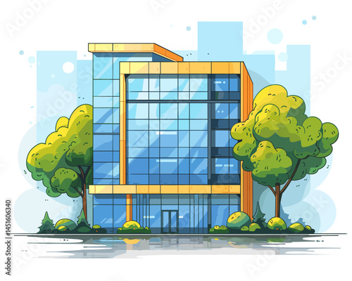 Vector illustration of modern house on the street with trees and grass.